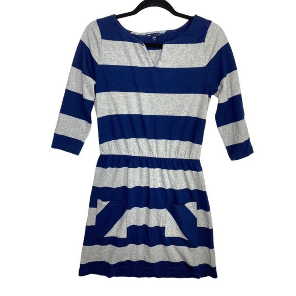 GAP Womens Dress Grey Navy Blue 3/4 Sleeve Front Pocket Stripe Medium Fall Top